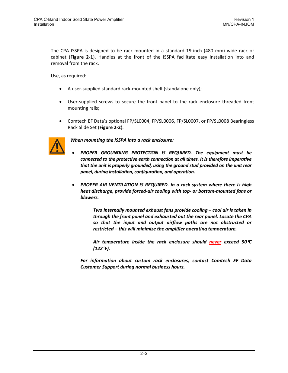 2 installing the cpa isspa into a rack enclosure | Comtech EF Data CPA User Manual | Page 30 / 138