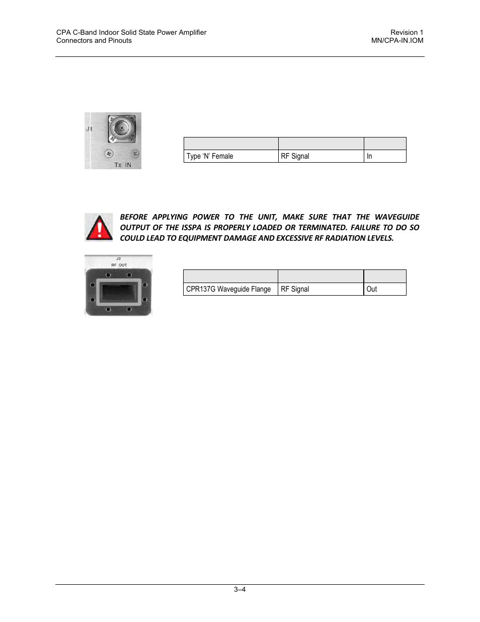 2 rf connections, 1 j1 | rf in / tx in connectors, 2 j2 | rf out connector | Comtech EF Data CPA User Manual | Page 38 / 138