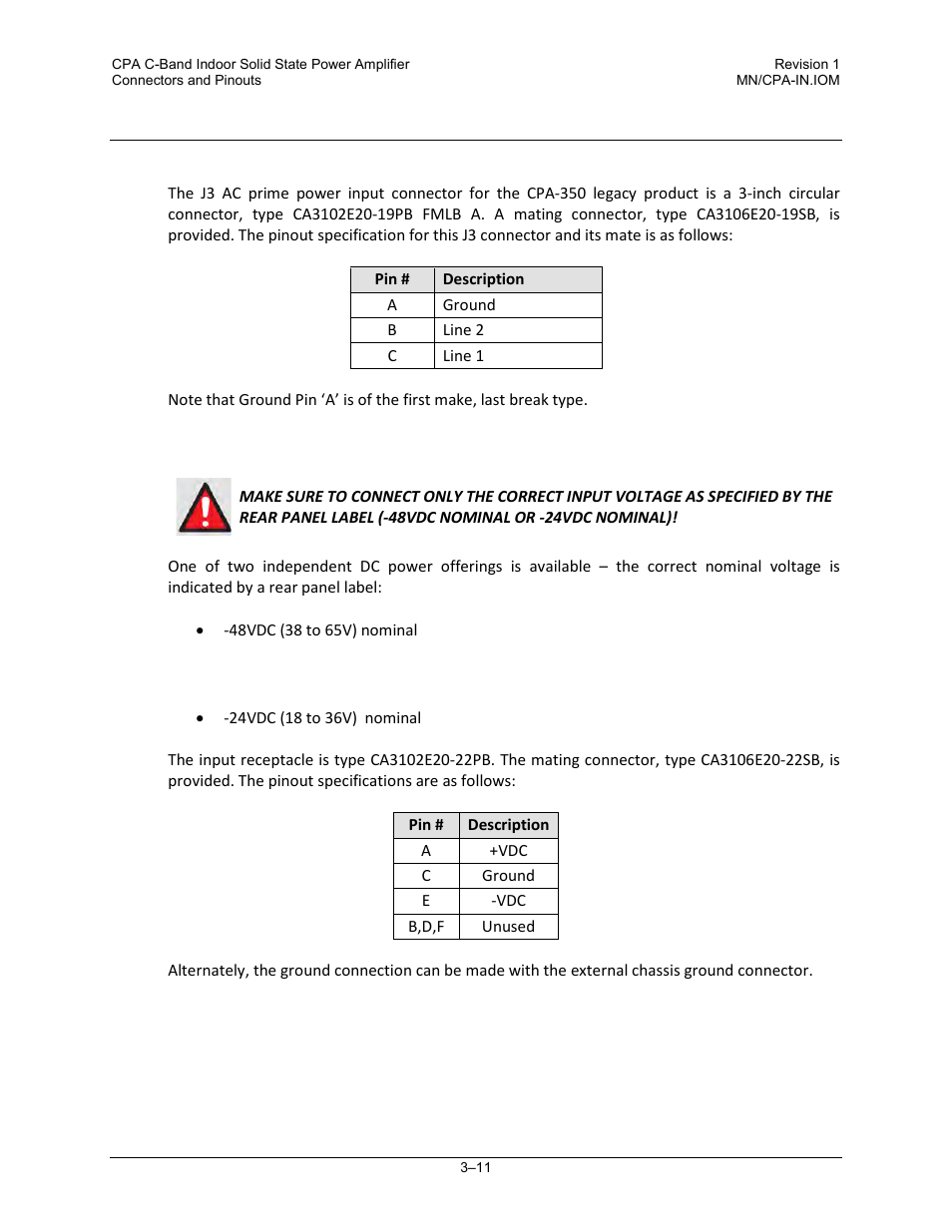 1 j3 power ac connector on legacy product cpa-350, 2 optional direct current operation | Comtech EF Data CPA User Manual | Page 45 / 138