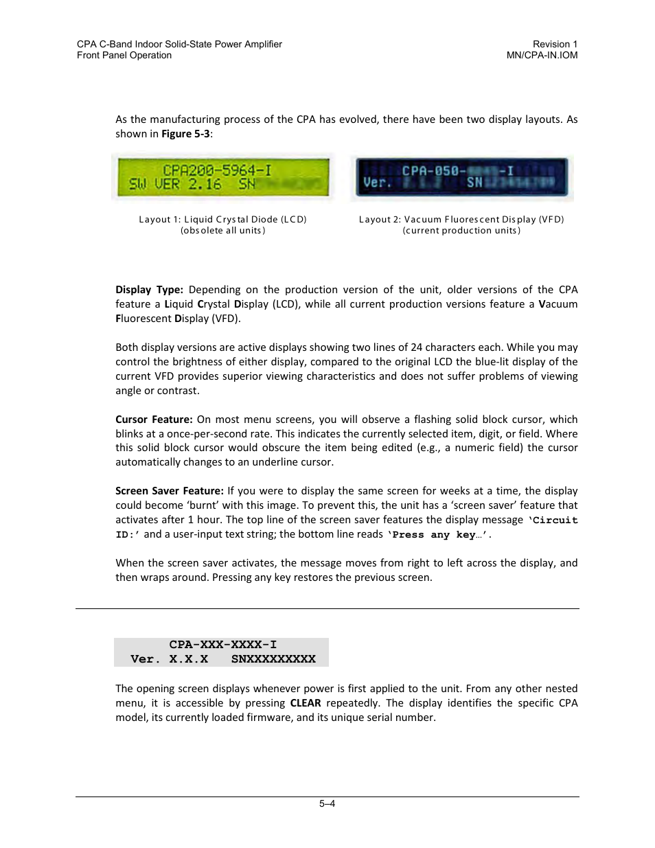 4 front panel display, 2 opening screen | Comtech EF Data CPA User Manual | Page 60 / 138