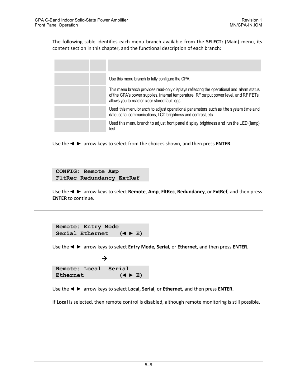 1 select: config (configuration), 1 config: remote (remote control) | Comtech EF Data CPA User Manual | Page 62 / 138