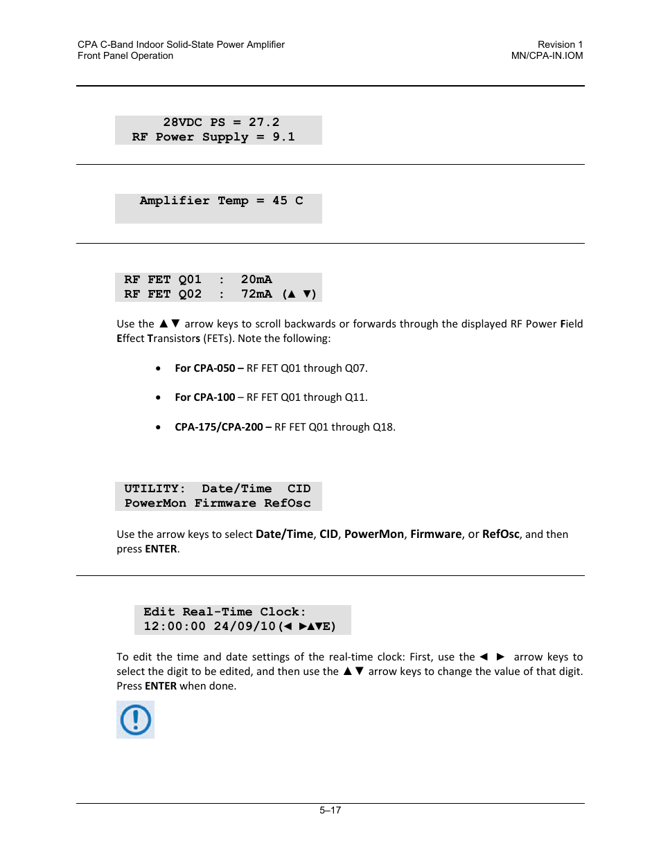 5 monitor: ps (power supply), 6 monitor: temp, 7 monitor: fets | 3 select: utility, 1 utility: date/time | Comtech EF Data CPA User Manual | Page 73 / 138