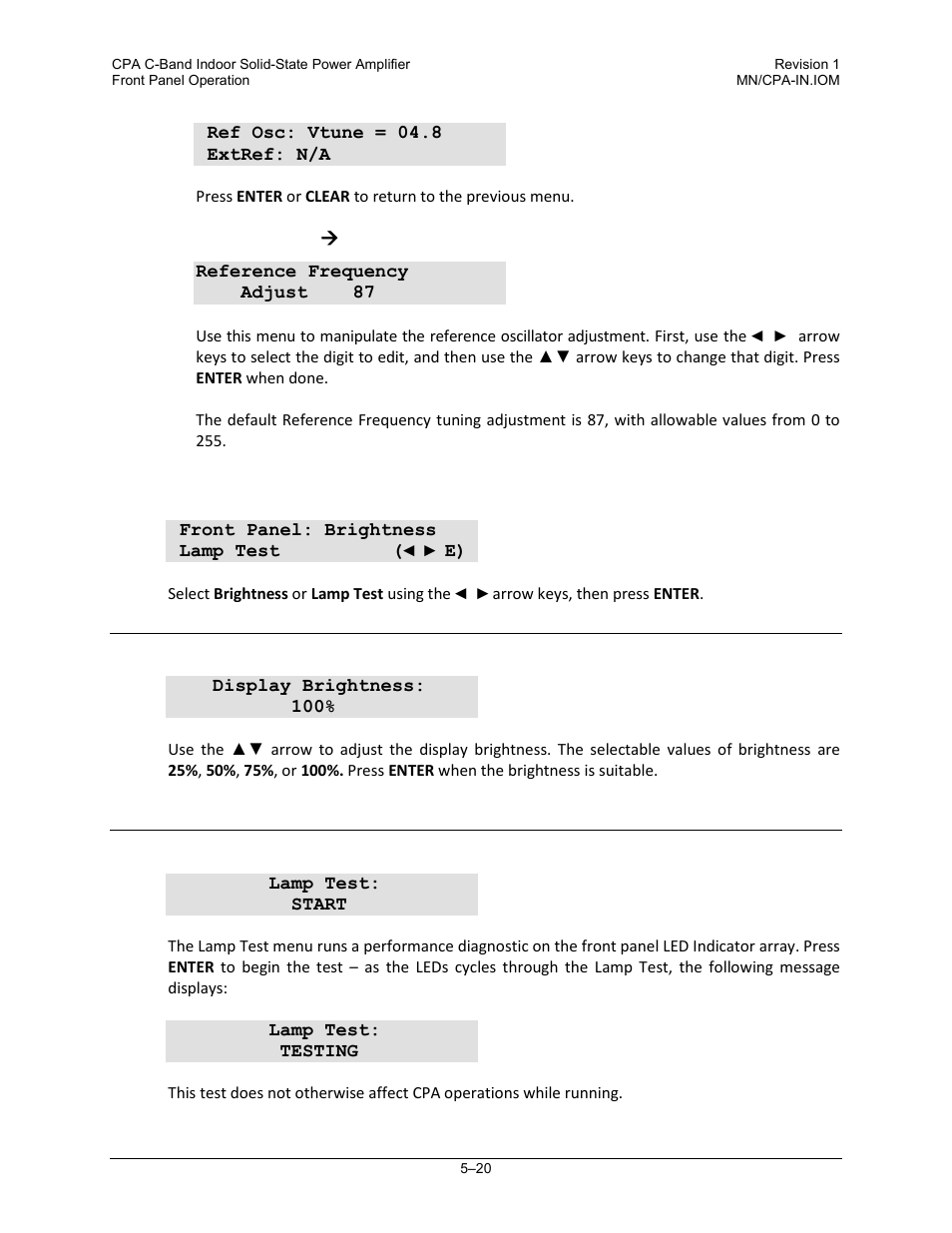 4 select: front panel, 1 front panel: brightness, 2 front panel: lamp test | Comtech EF Data CPA User Manual | Page 76 / 138