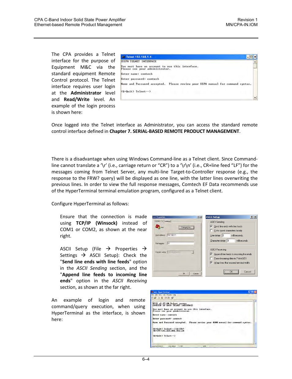 3 isspa telnet interface, 1 telnet operation via hyperterminal | Comtech EF Data CPA User Manual | Page 80 / 138