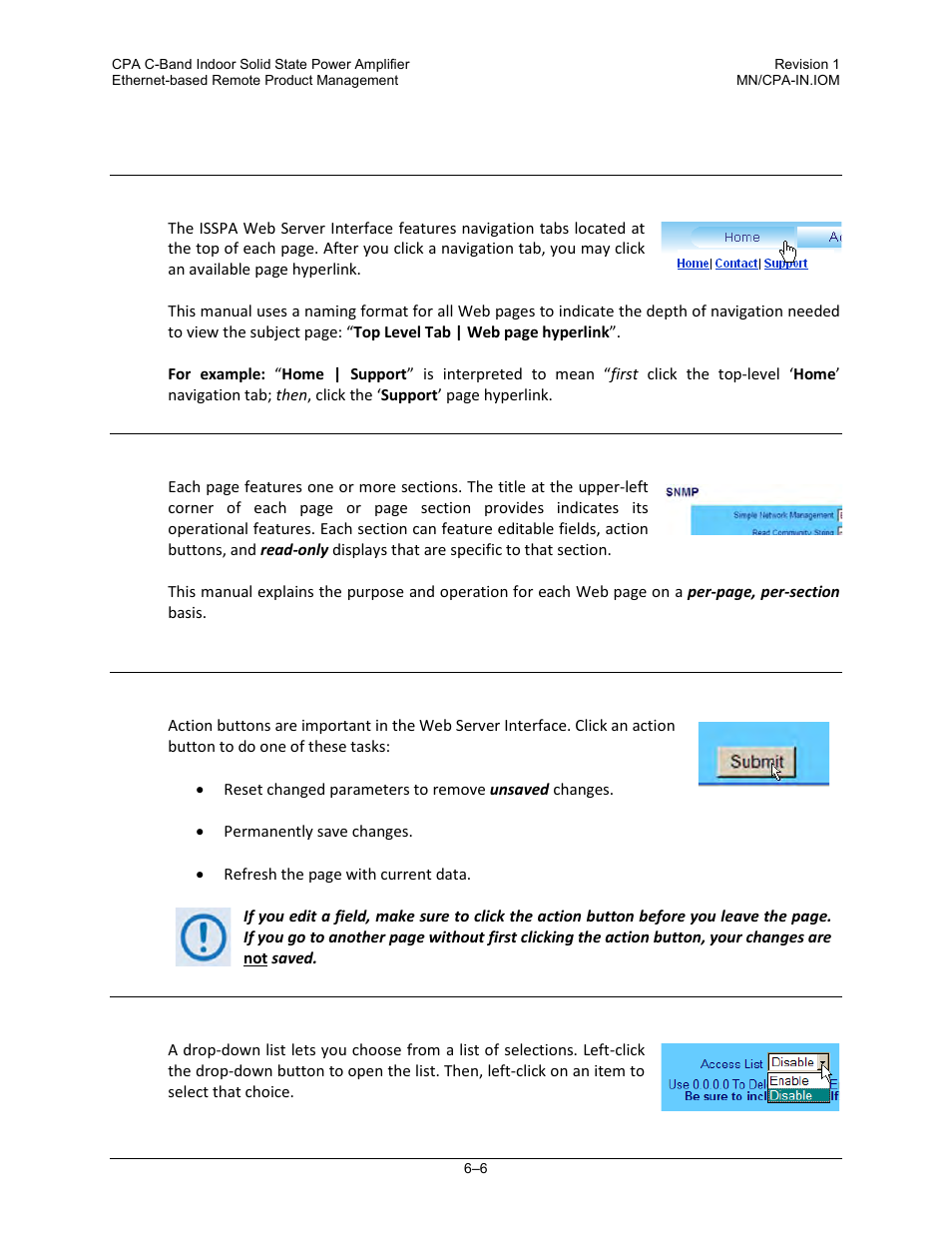 2 isspa web server interface operational features, 1 navigation, 3 action buttons | 4 drop-down lists | Comtech EF Data CPA User Manual | Page 82 / 138