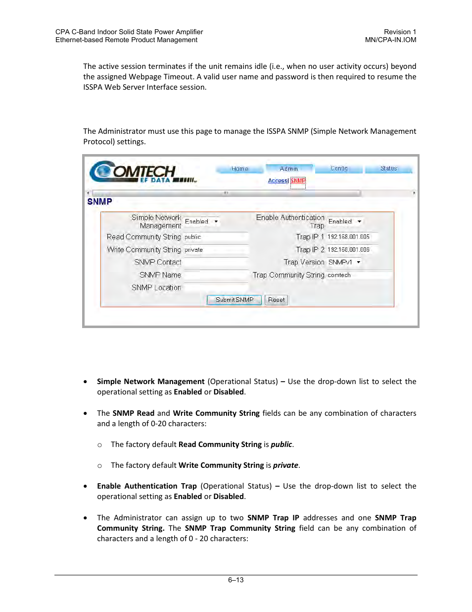 2 admin | snmp | Comtech EF Data CPA User Manual | Page 89 / 138