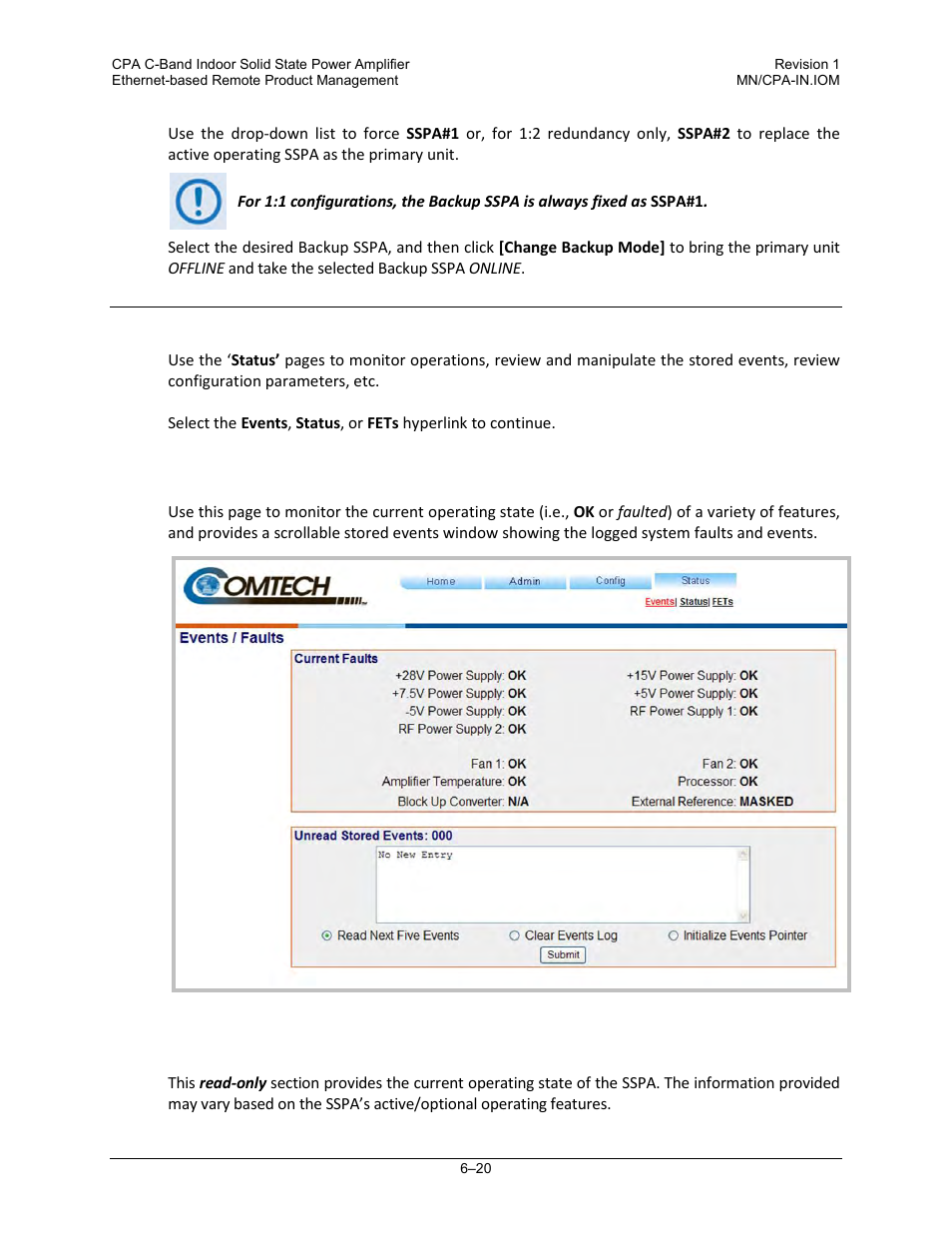 1 status | events | Comtech EF Data CPA User Manual | Page 96 / 138