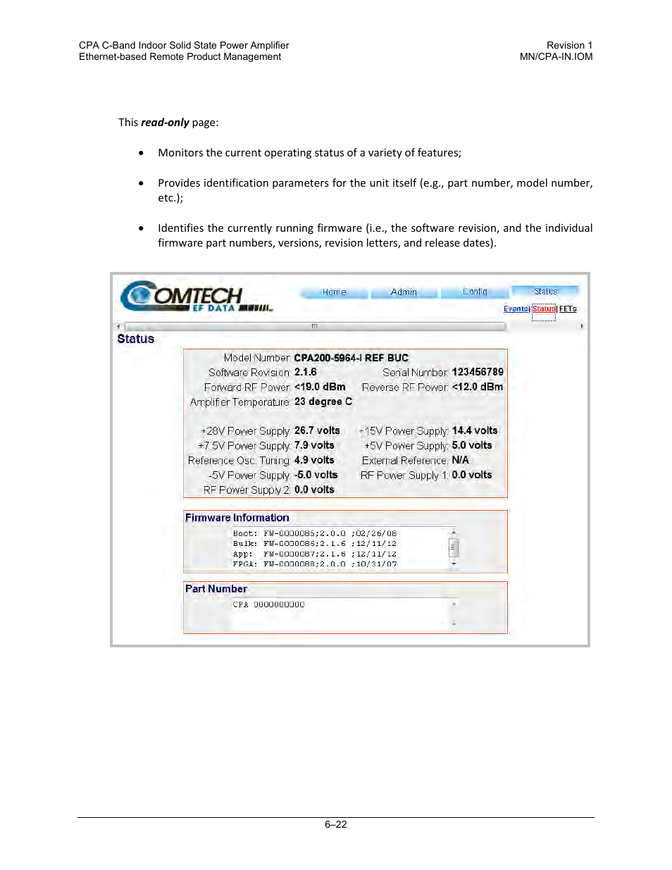 2 status | status | Comtech EF Data CPA User Manual | Page 98 / 138