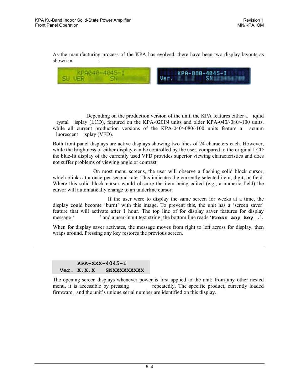 4 front panel display, 2 opening screen | Comtech EF Data KPA User Manual | Page 48 / 128
