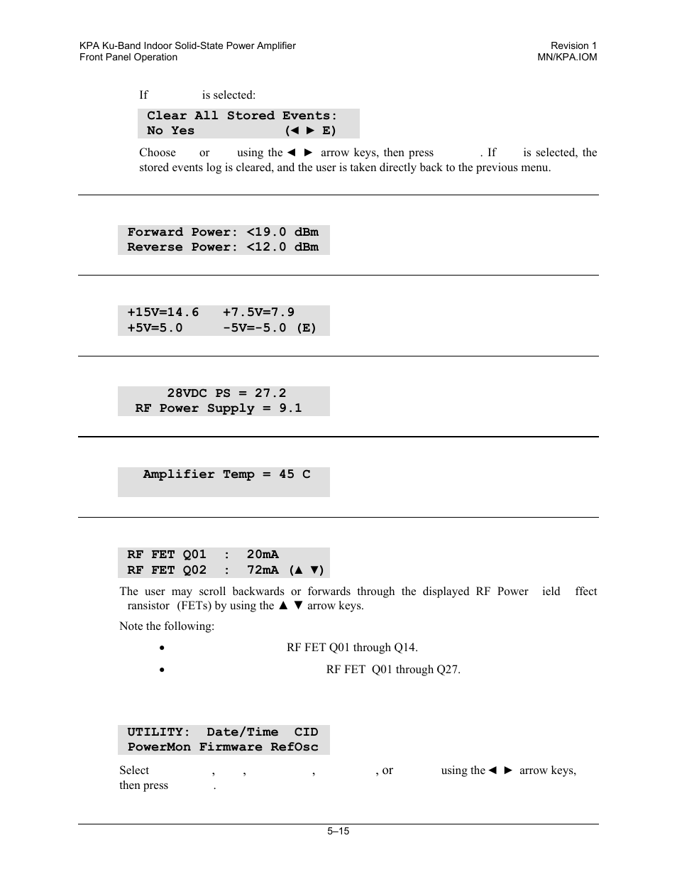 3 monitor: power, 4 monitor: vltgs, 5 monitor: ps (power supply) | 6 monitor: temp, 7 monitor: fets, 3 select: utility | Comtech EF Data KPA User Manual | Page 59 / 128