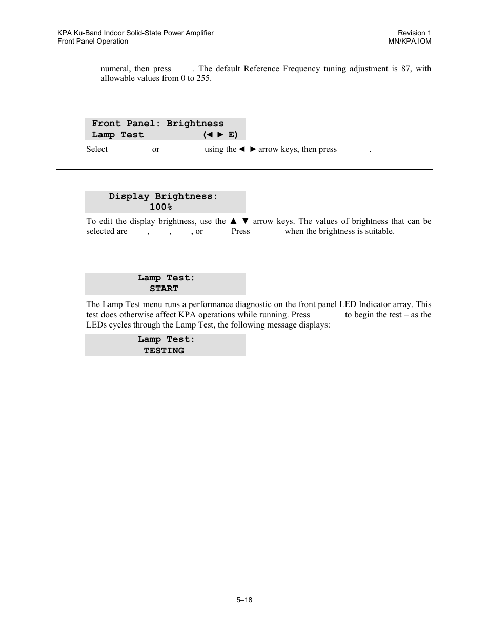 4 select: front panel, 1 front panel: brightness, 2 front panel: lamp test | Comtech EF Data KPA User Manual | Page 62 / 128