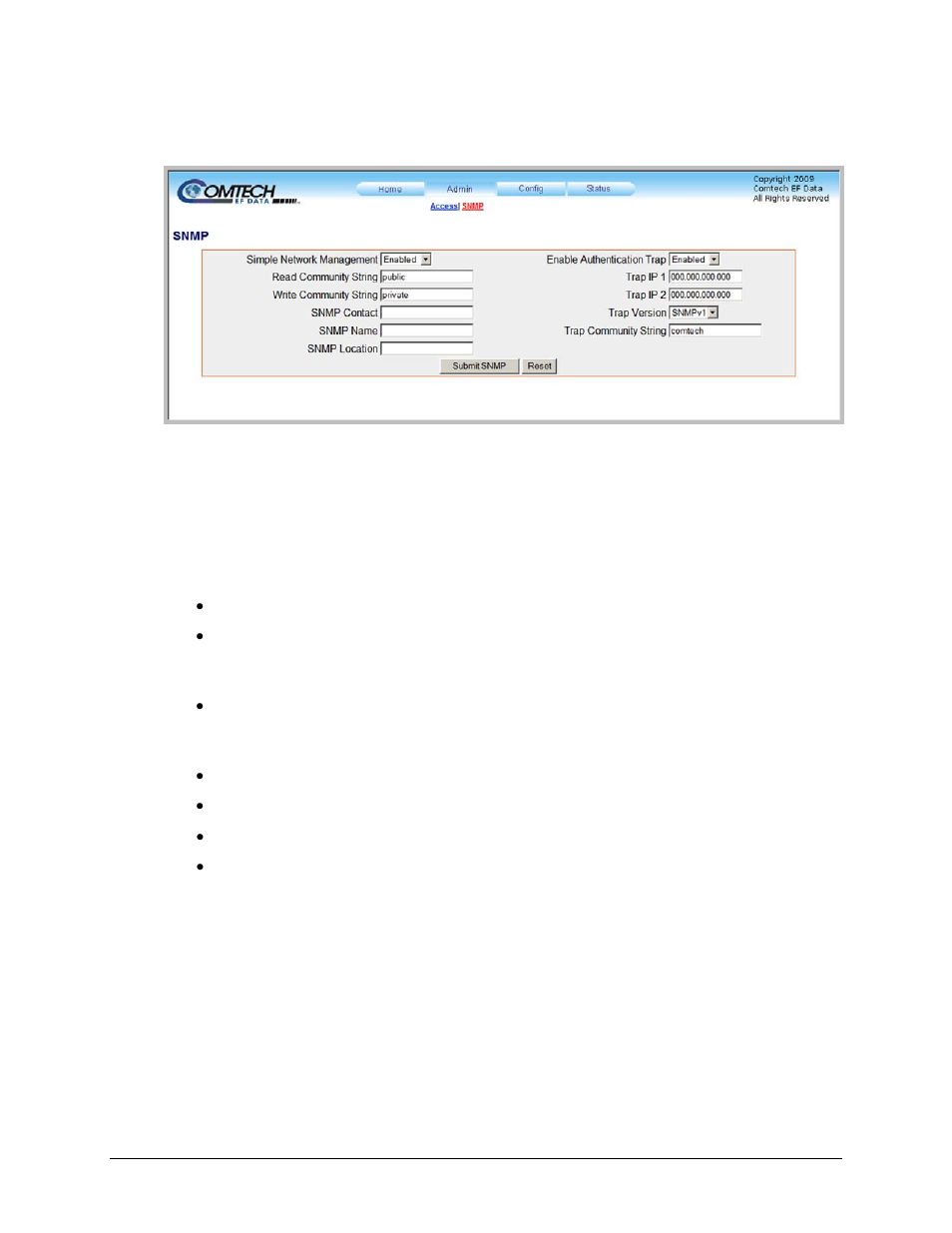 2 admin | snmp page | Comtech EF Data KPA User Manual | Page 72 / 128