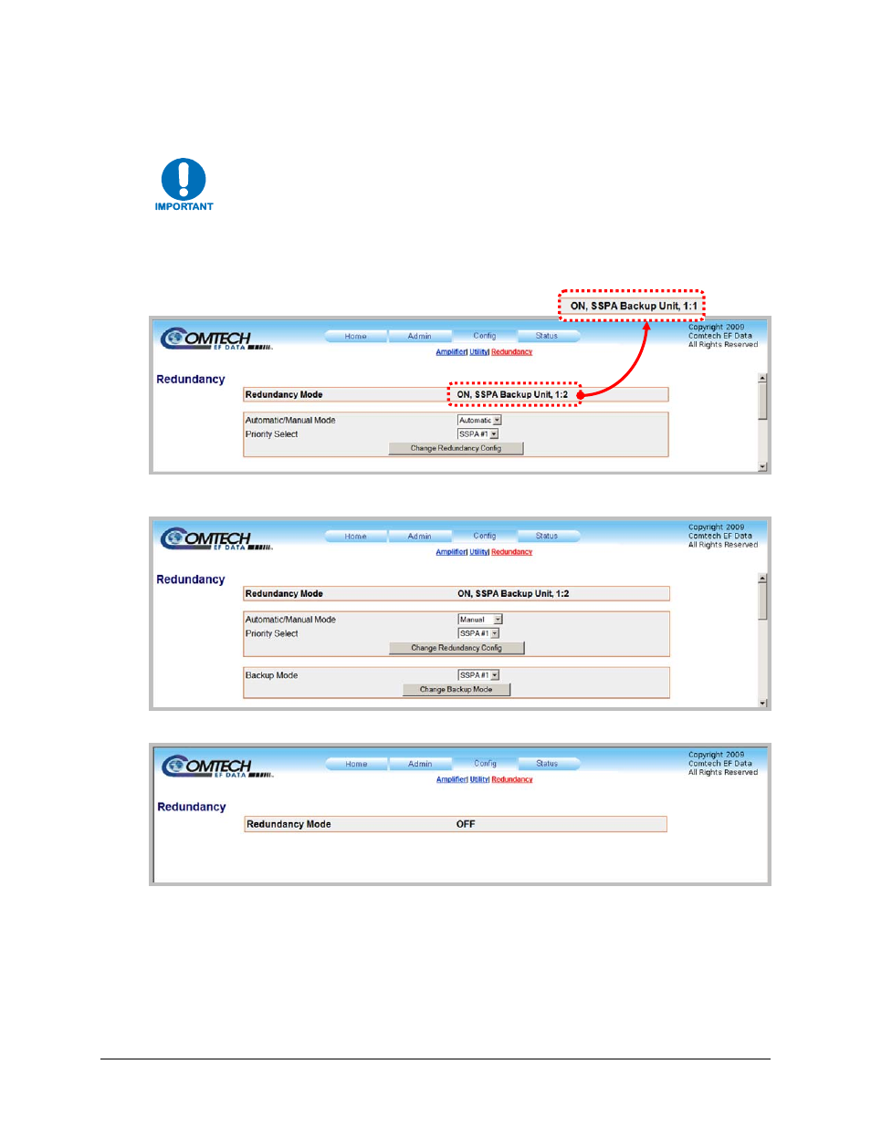 3 config | redundancy page | Comtech EF Data KPA User Manual | Page 76 / 128