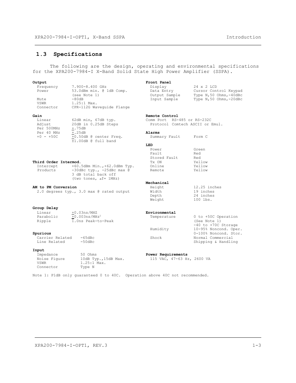 Specifications, 3 specifications | Comtech EF Data XPA-200 User Manual | Page 19 / 96