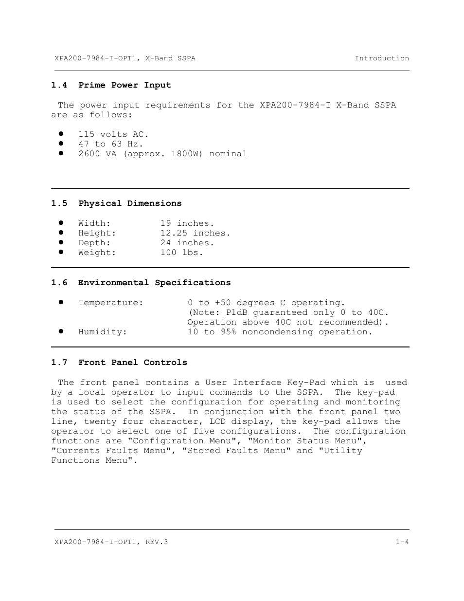 Prime power input, Physical dimensions, Environmental specifications | Front panel controls | Comtech EF Data XPA-200 User Manual | Page 20 / 96