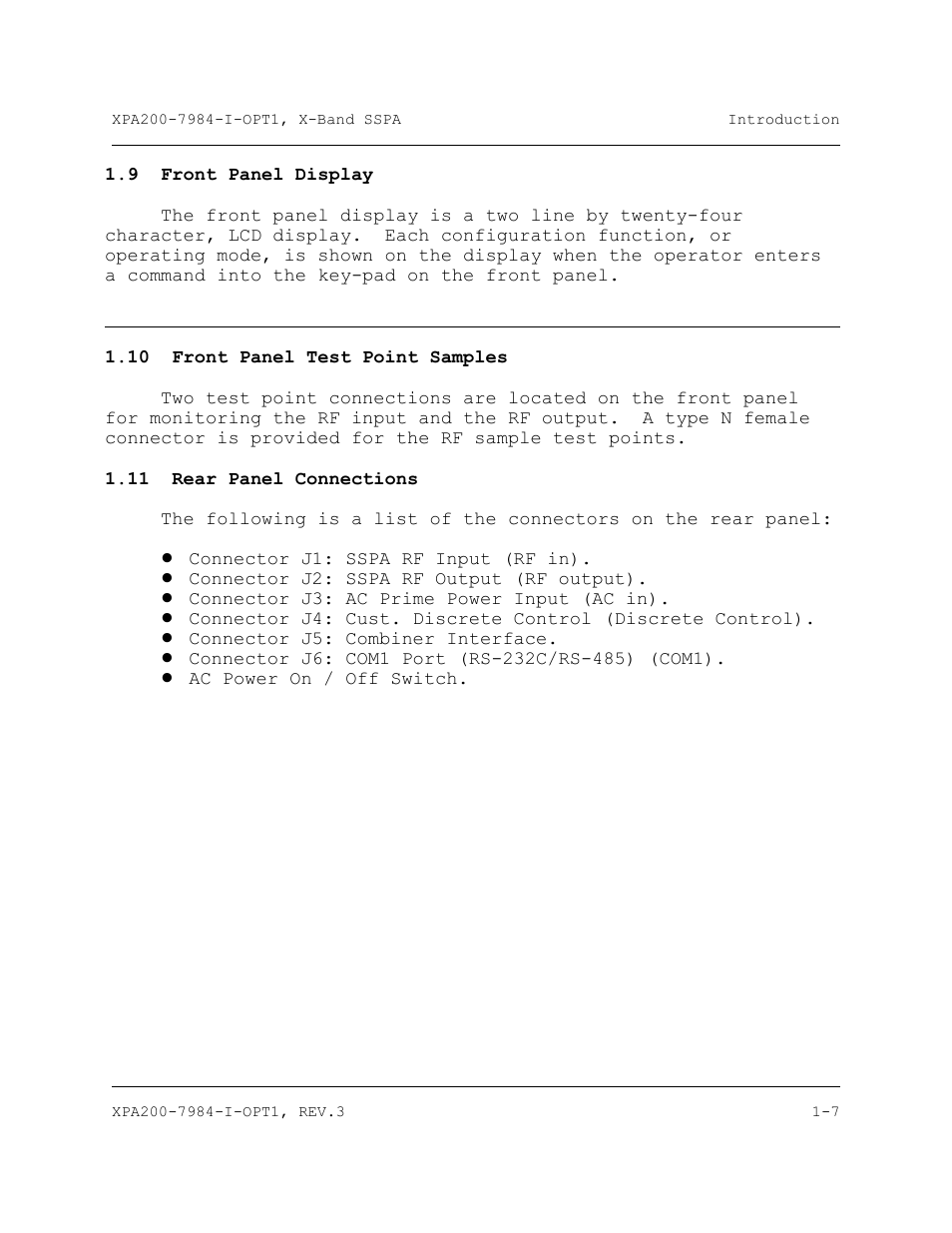 Front panel display, Front panel test point samples, Rear panel connections | Comtech EF Data XPA-200 User Manual | Page 23 / 96