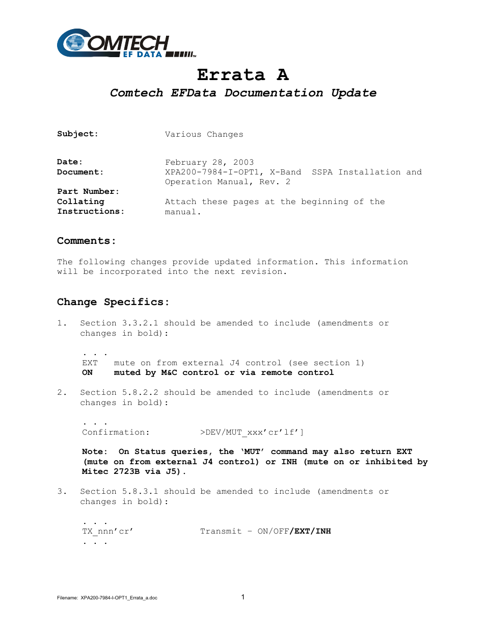 Errata a, Comtech efdata documentation update | Comtech EF Data XPA-200 User Manual | Page 3 / 96