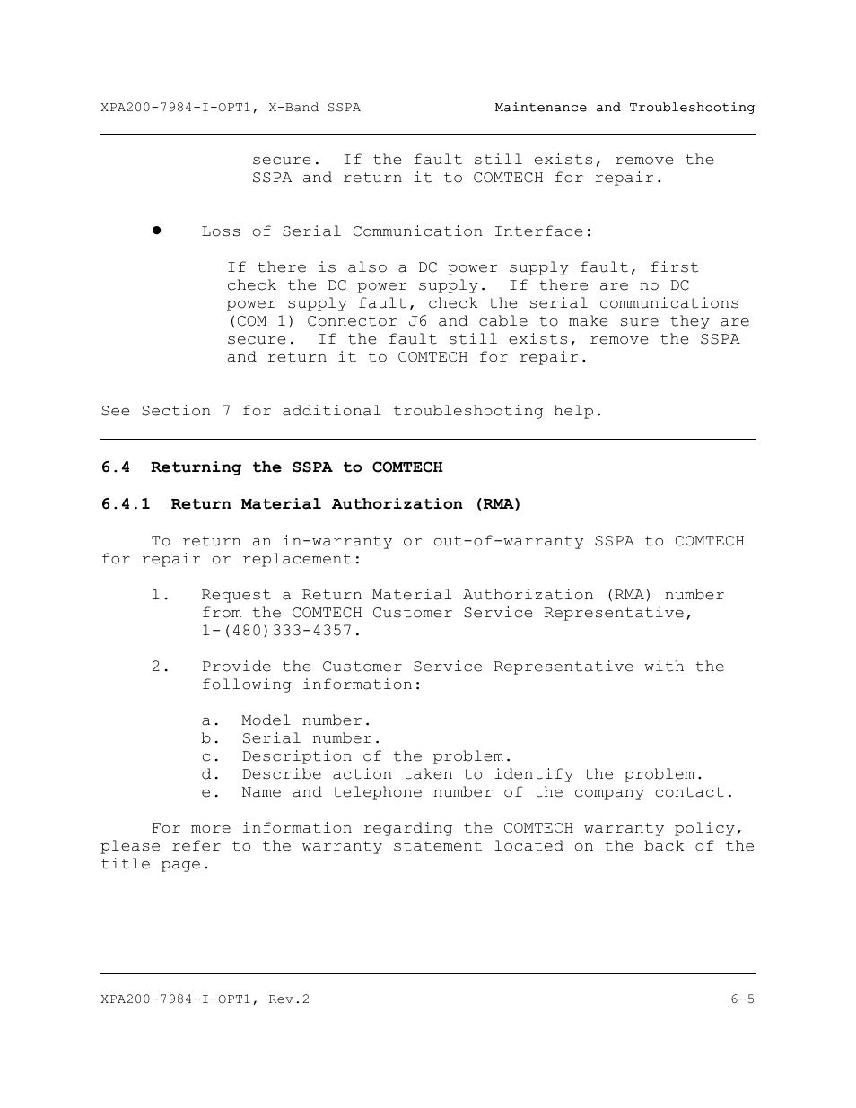 Returning the sspa to comtech | Comtech EF Data XPA-200 User Manual | Page 77 / 96