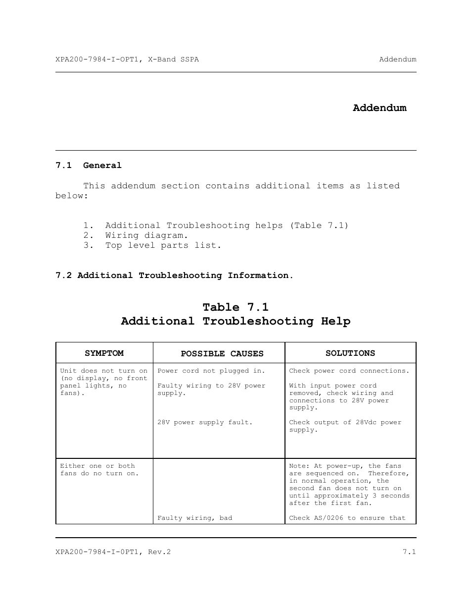 Addendum, General, Table 7.1 additional troubleshooting help | Comtech EF Data XPA-200 User Manual | Page 79 / 96