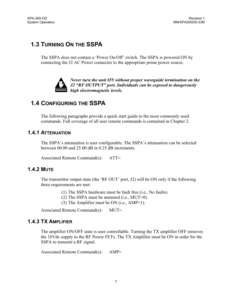 Turning on the sspa, Configuring the sspa, Attenuation | Mute, Tx amplifier, 3 turning on the sspa, 4 configuring the sspa, 1 attenuation 1.4.2 mute 1.4.3 tx amplifier, Sspa | Comtech EF Data XPA-200-OD User Manual | Page 10 / 30