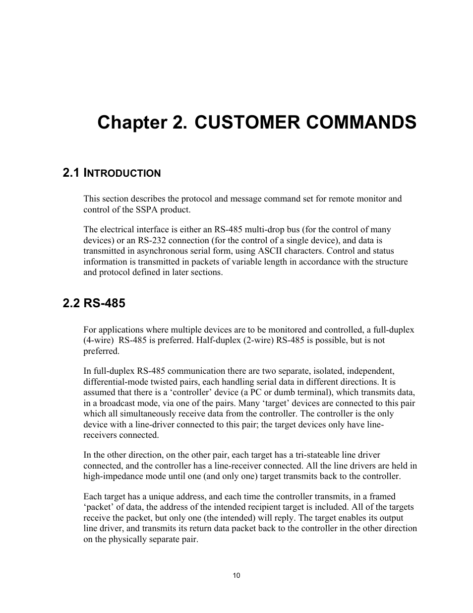 Chapter 2, Introduction, Rs-485 | Chapter 2. customer commands, 1 introduction, 2 rs-485 | Comtech EF Data XPA-200-OD User Manual | Page 13 / 30