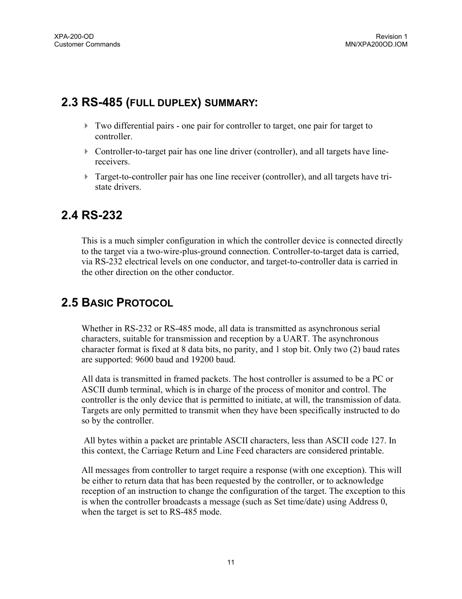 Rs-485 (full duplex) summary, Rs-232, Basic protocol | 3 rs-485, 4 rs-232 | Comtech EF Data XPA-200-OD User Manual | Page 14 / 30