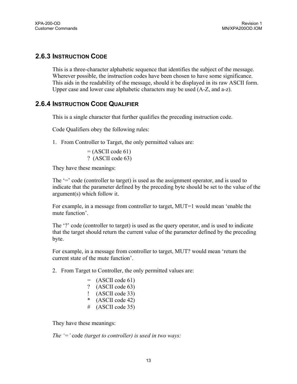 Instruction code, Instruction code qualifier | Comtech EF Data XPA-200-OD User Manual | Page 16 / 30