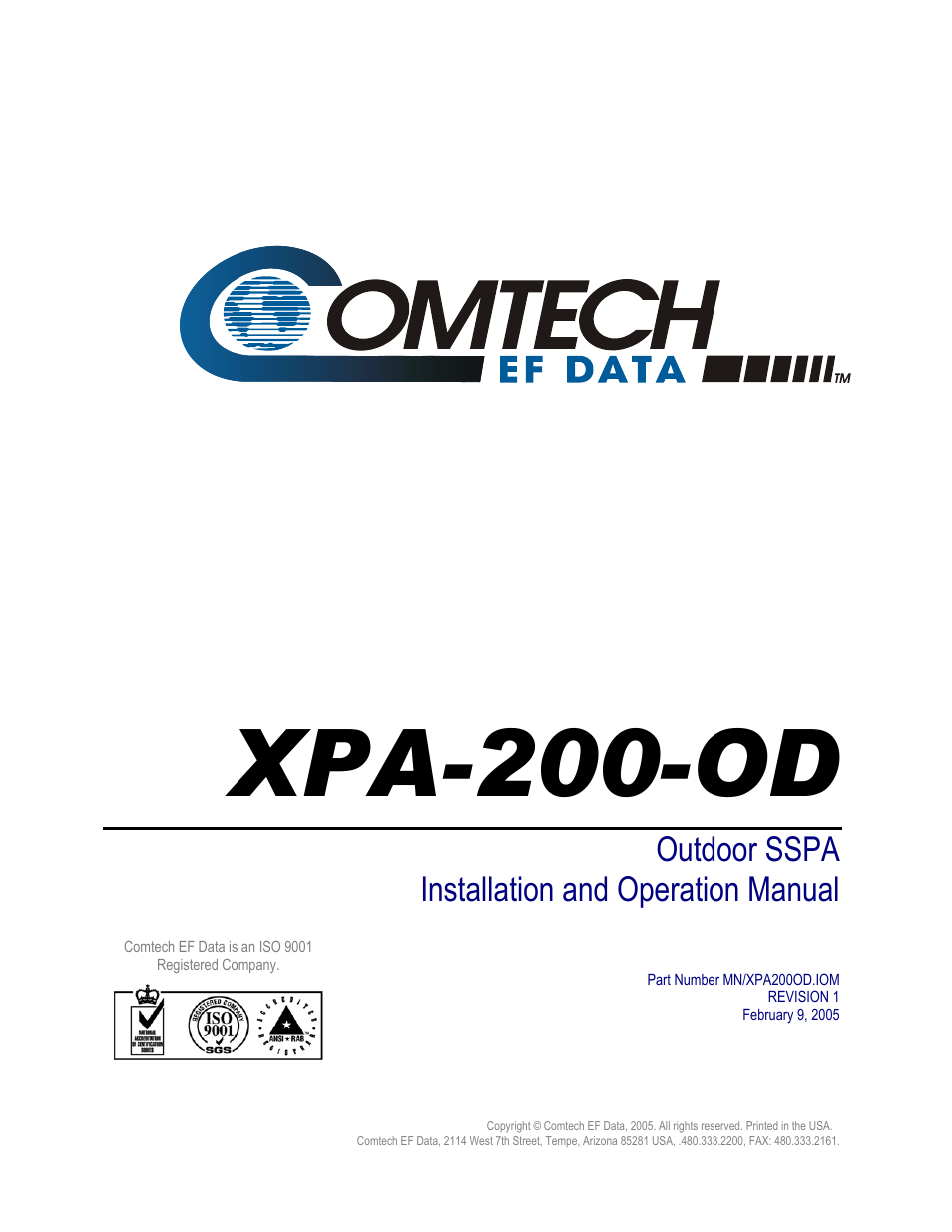 Xpa-200-od, Outdoor sspa installation and operation manual | Comtech EF Data XPA-200-OD User Manual | Page 3 / 30