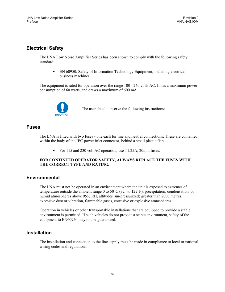 Electrical safety, Fuses, Environmental | Installation | Comtech EF Data LNA User Manual | Page 10 / 24