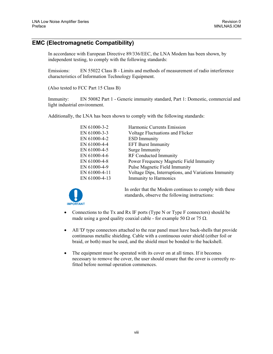 Emc (electromagnetic compatibility) | Comtech EF Data LNA User Manual | Page 12 / 24