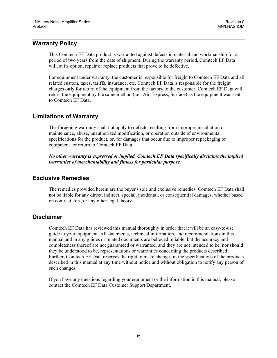 Warranty policy, Limitations of warranty, Exclusive remedies | Disclaimer | Comtech EF Data LNA User Manual | Page 13 / 24