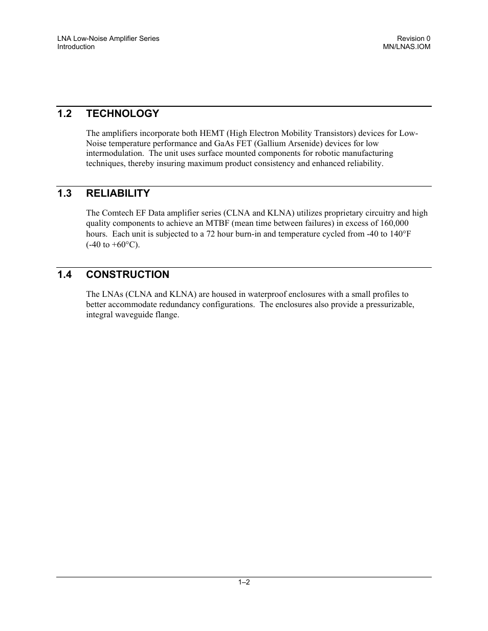 Technology, Reliability, Construction | Comtech EF Data LNA User Manual | Page 16 / 24