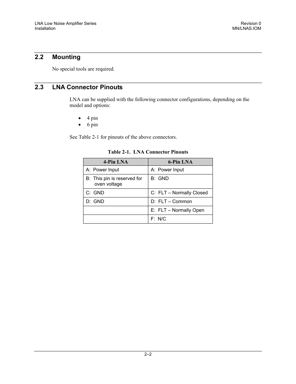 Mounting, Lna connector pinouts, 2 mounting | 3 lna connector pinouts | Comtech EF Data LNA User Manual | Page 18 / 24