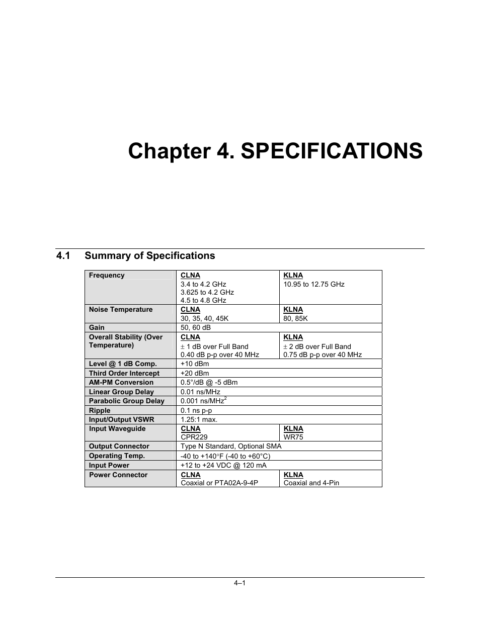 Specifications, Summary of specifications, Chapter 4. specifications | 1 summary of specifications | Comtech EF Data LNA User Manual | Page 21 / 24