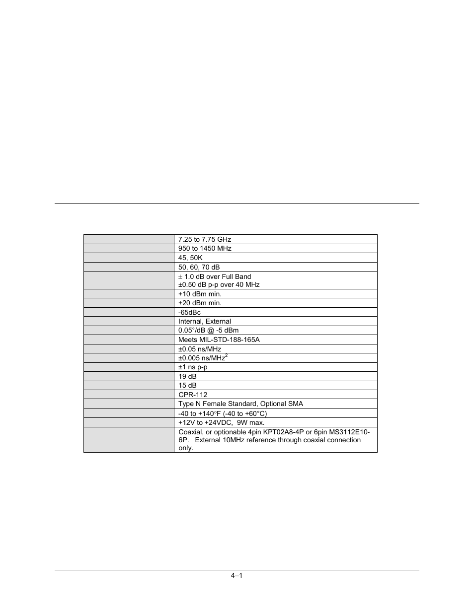 Ch04_specifications, Chapter 4. specifications, 1 summary of specifications | Comtech EF Data LNB User Manual | Page 23 / 26