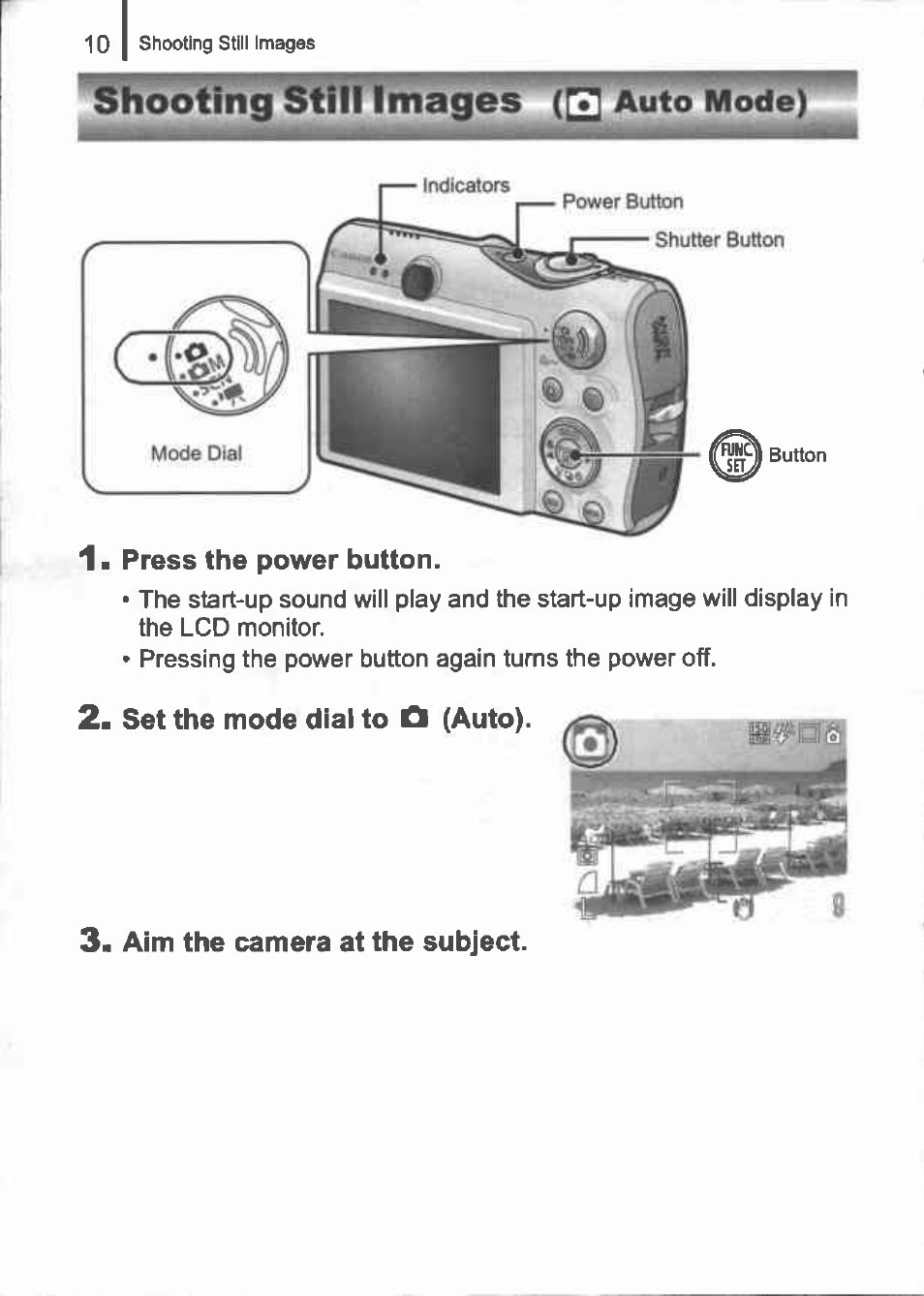 Set the mode dial to ù (auto), Aim the camera at the subject, Shooting still images (q | Auto mode) | Canon IXUS 960 IS User Manual | Page 12 / 36