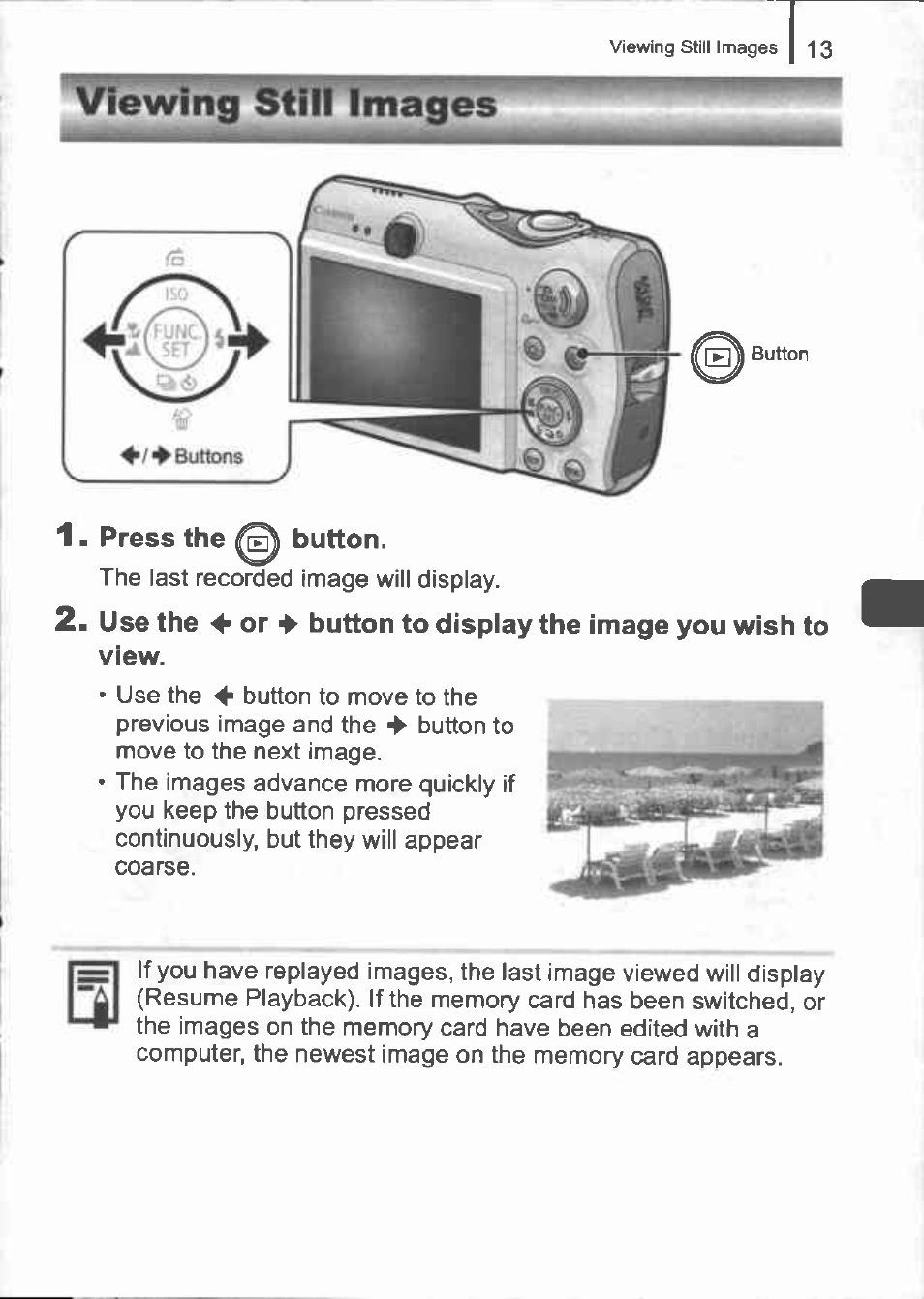 Press the button, Viewing still images | Canon IXUS 960 IS User Manual | Page 15 / 36