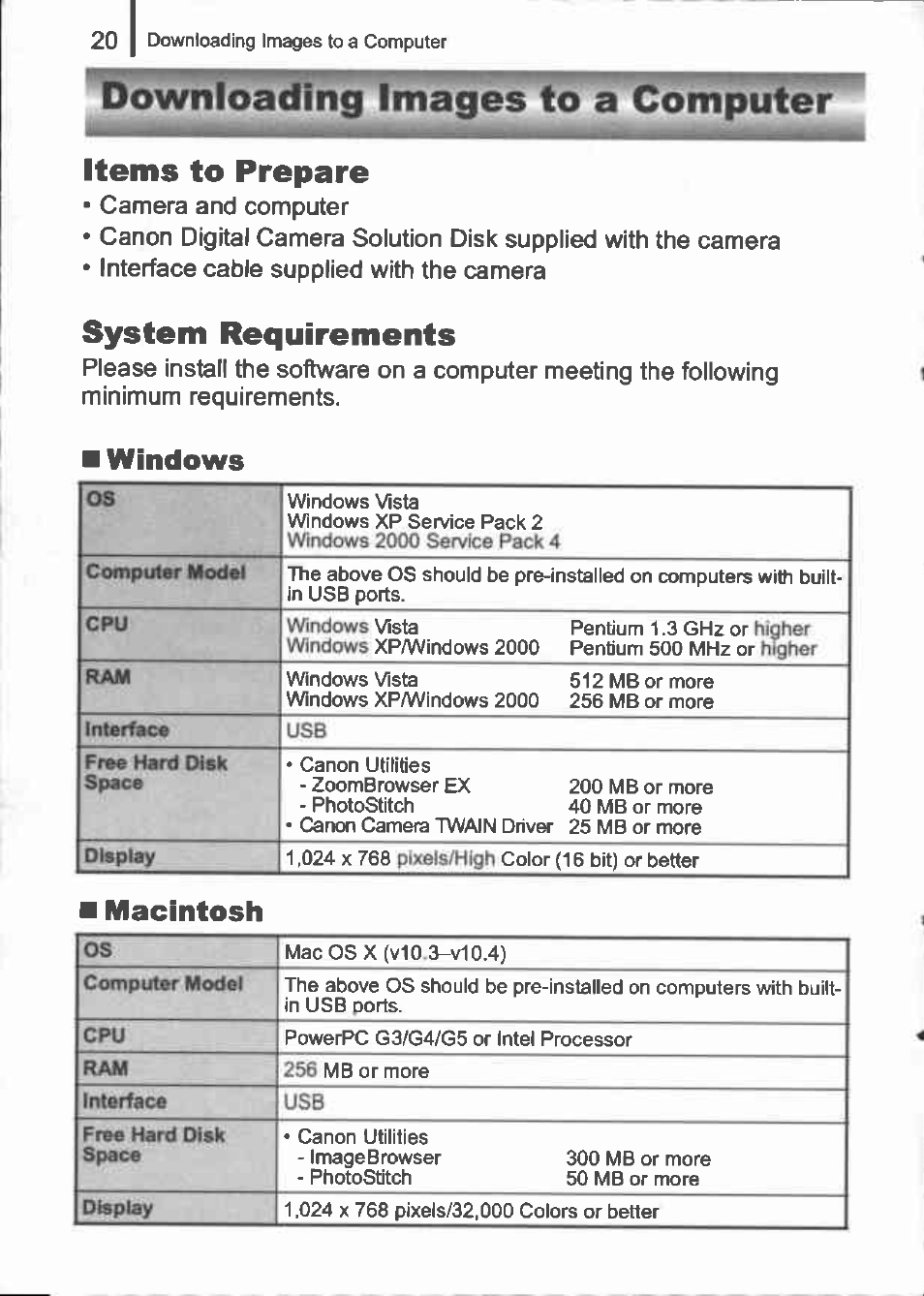 Items to prepare, System requirements, Downloading images to a computer | Windows, Macintosh | Canon IXUS 960 IS User Manual | Page 22 / 36