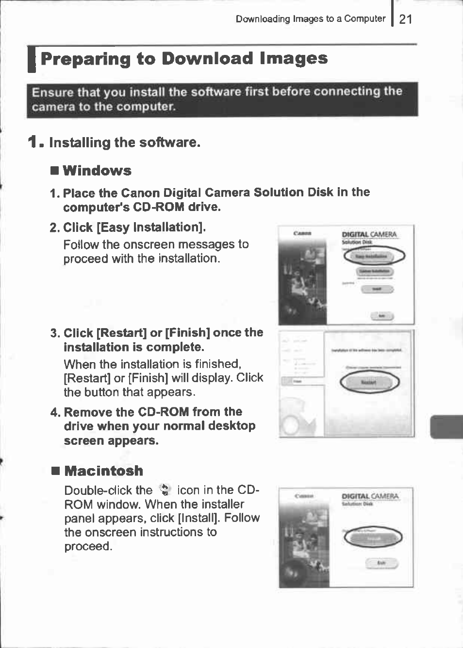 I preparing to download images, Windows, Macintosh | Canon IXUS 960 IS User Manual | Page 23 / 36