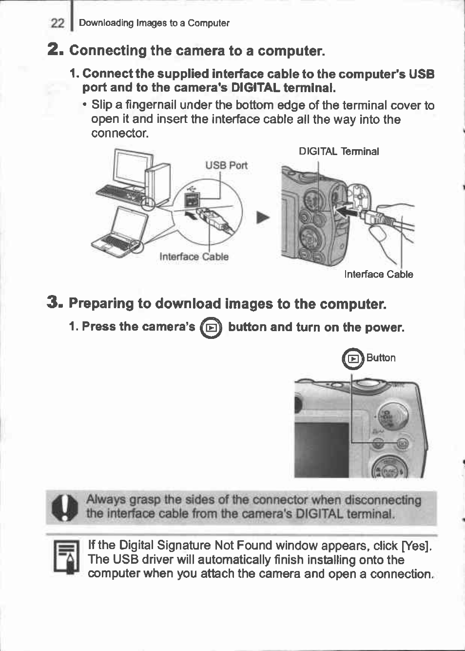 Connecting the camera to a computer, Preparing to download images to the computer | Canon IXUS 960 IS User Manual | Page 24 / 36