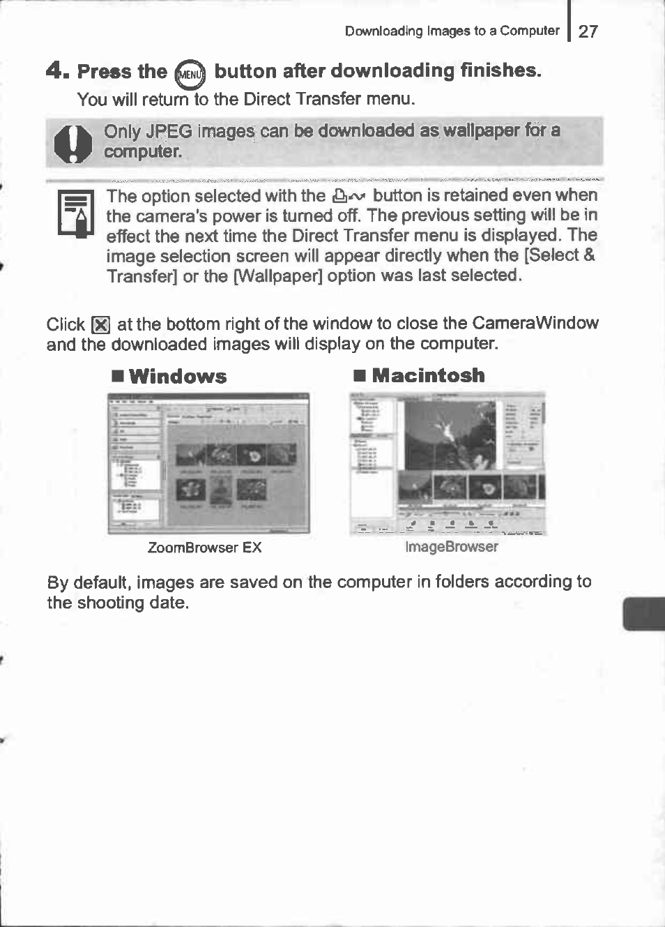 Press the ^ button after downloading finishes, I windows, Macintosh | Canon IXUS 960 IS User Manual | Page 29 / 36