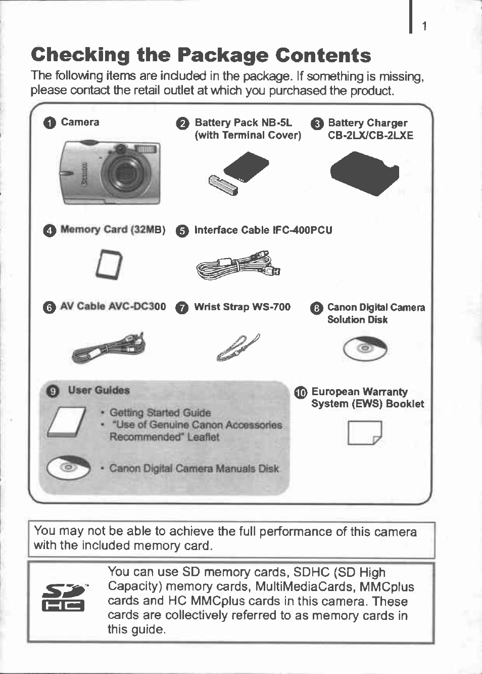 Checking the package contents | Canon IXUS 960 IS User Manual | Page 3 / 36