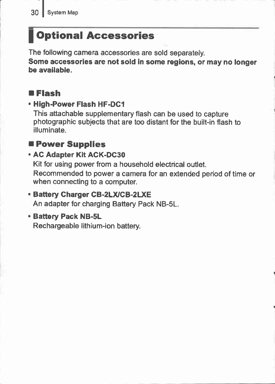 I optional accessories, Flash, Power supplies | Canon IXUS 960 IS User Manual | Page 32 / 36
