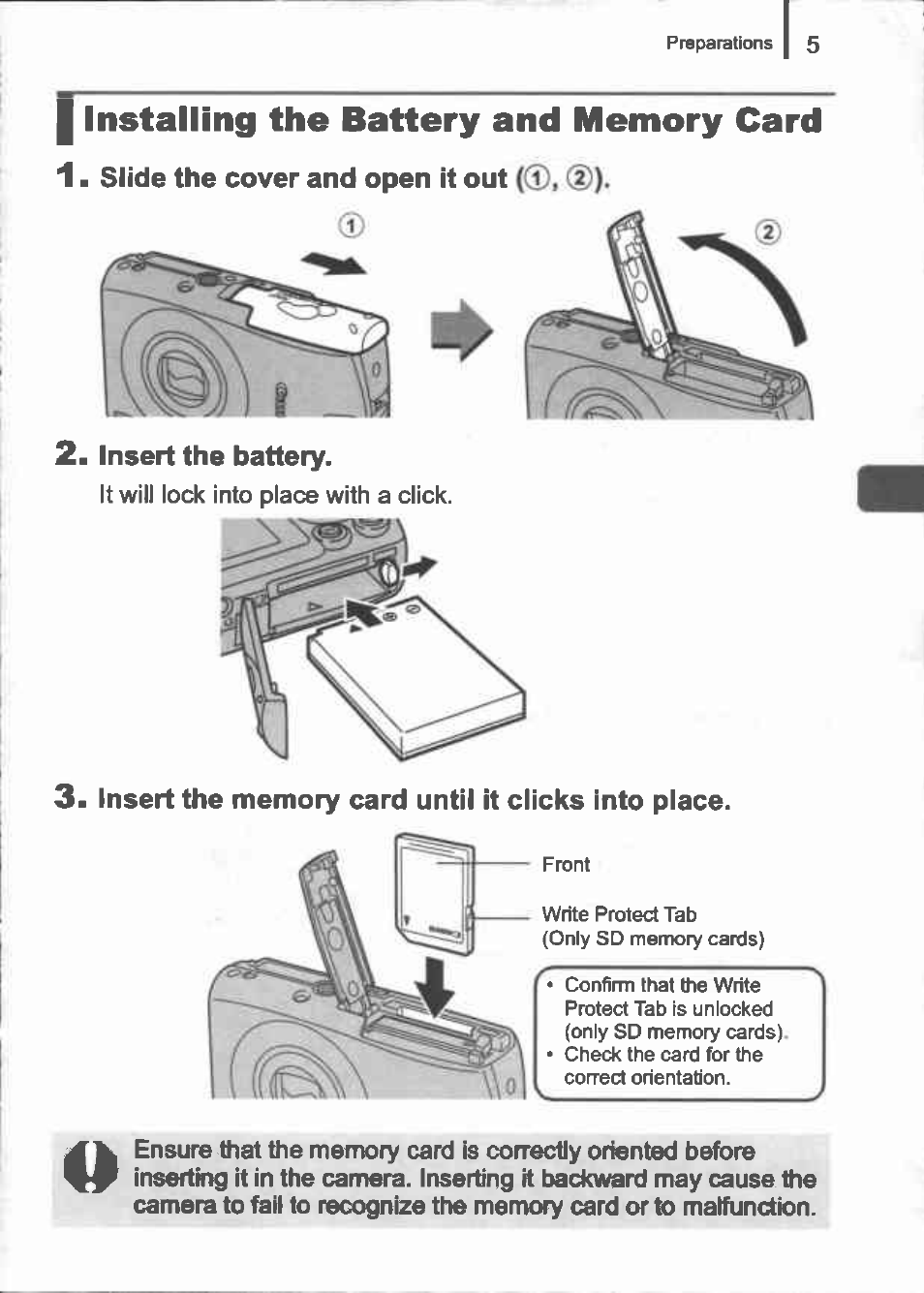 I installing the battery and memory card | Canon IXUS 960 IS User Manual | Page 7 / 36