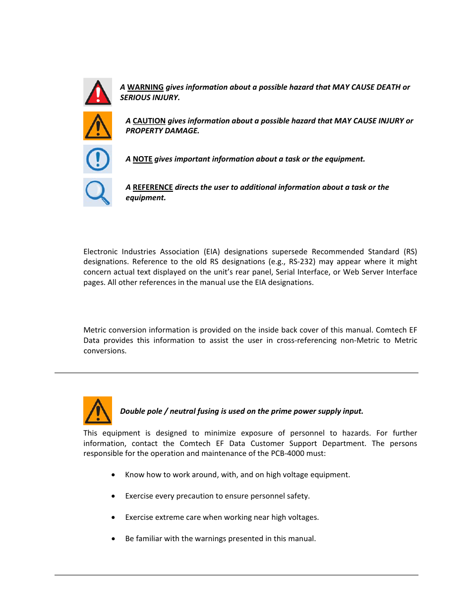 Warnings, cautions, and notes, Recommended standard designations, Metric conversion | Electrical safety notice | Comtech EF Data PCB-4000 User Manual | Page 10 / 88