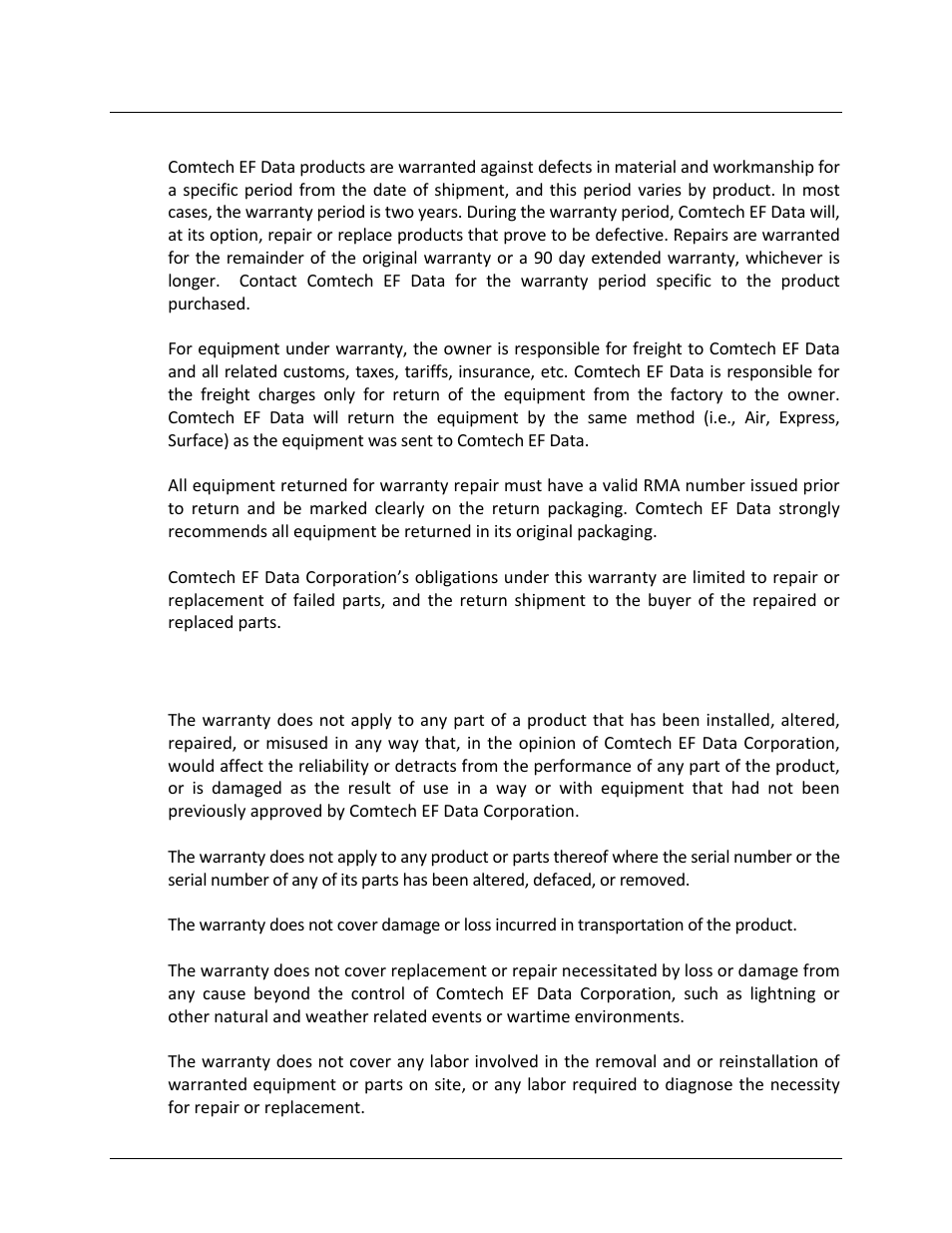 Warranty policy, Limitations of warranty | Comtech EF Data PCB-4000 User Manual | Page 11 / 88