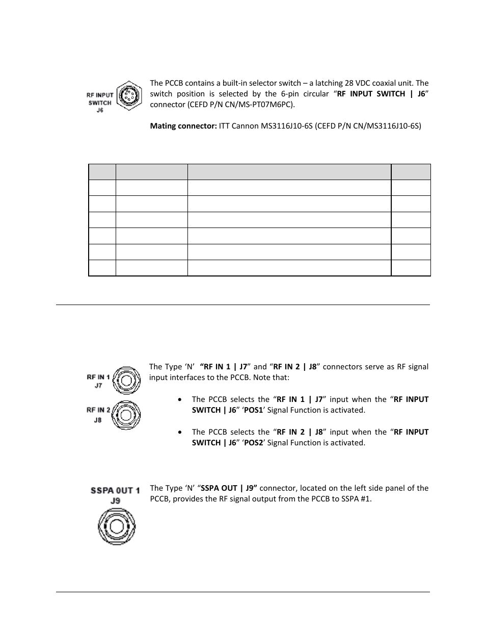 4 “rf input switch | j6” connector, 3 rf interface connectors, 1 “rf in 1 | j7”, “rf in 2 | j8” connectors | 2 “sspa out 1 | j9” connector | Comtech EF Data PCB-4000 User Manual | Page 26 / 88