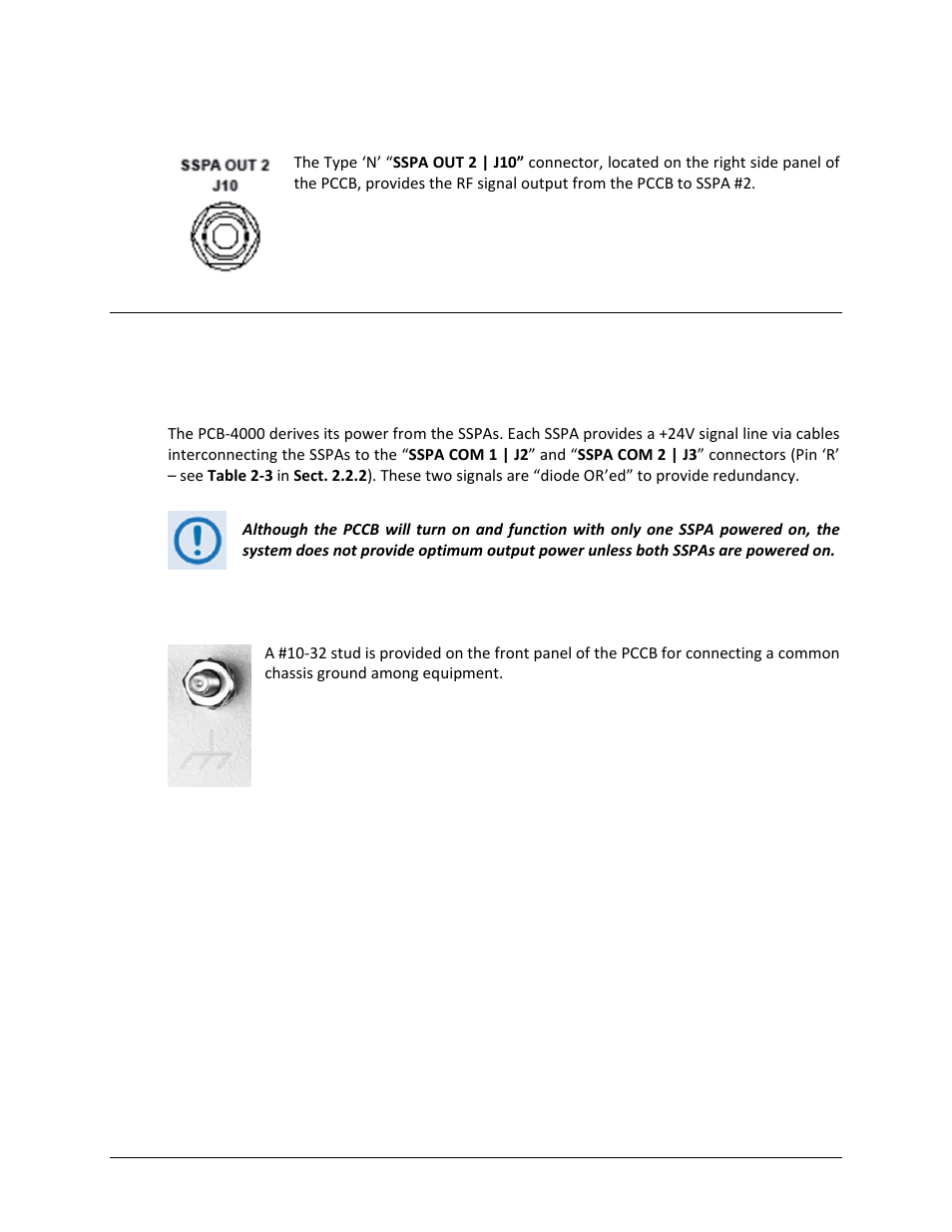 3 “sspa out 2 | j10” connector, 4 power and ground interfaces, 1 ac power | 2 ground connector | Comtech EF Data PCB-4000 User Manual | Page 27 / 88