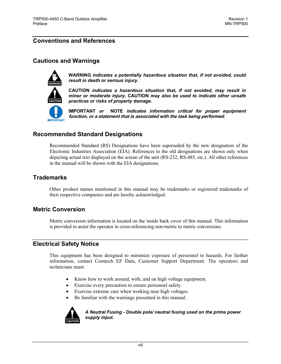 Conventions and references, Cautions and warnings, Recommended standard designations | Trademarks, Metric conversion, Electrical safety notice, Conventions and references cautions and warnings | Comtech EF Data TRP500 User Manual | Page 18 / 100