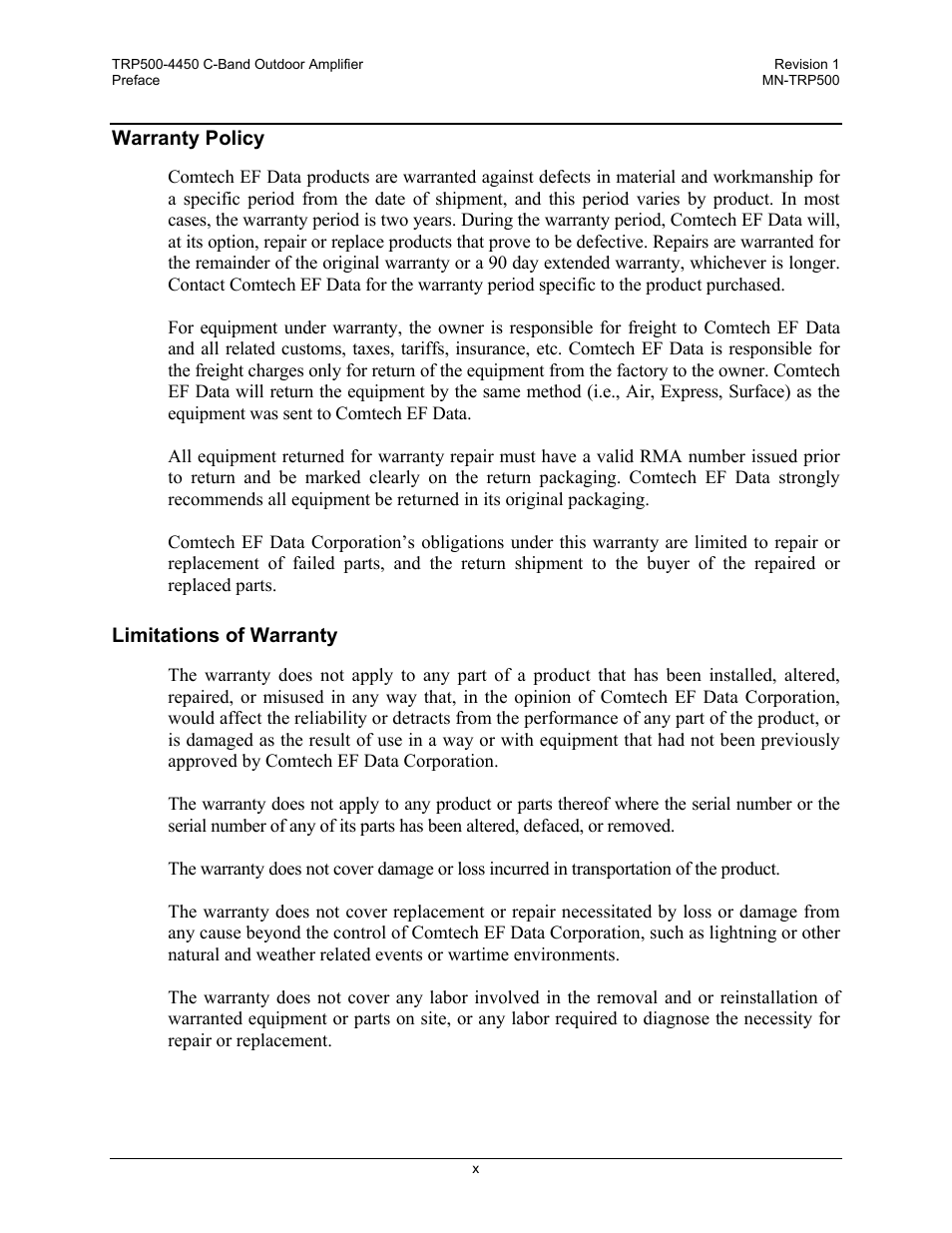 Warranty policy, Limitations of warranty | Comtech EF Data TRP500 User Manual | Page 20 / 100